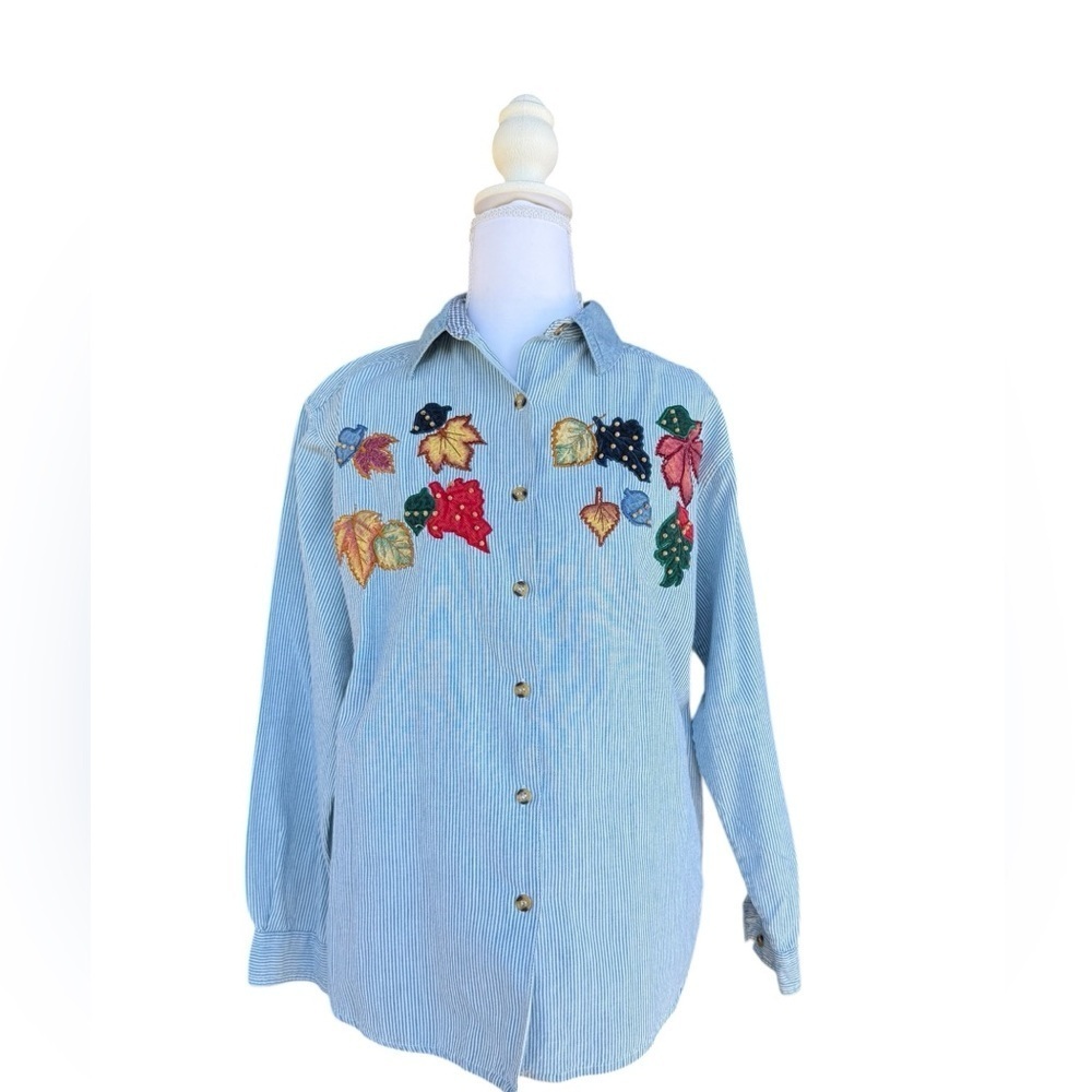 Vintage 90s Embroidered Pinstriped Button Down Blouse Leafs Autumn Cotton Medium